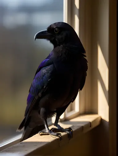 Raven Looks In at Dimly Lit Room
