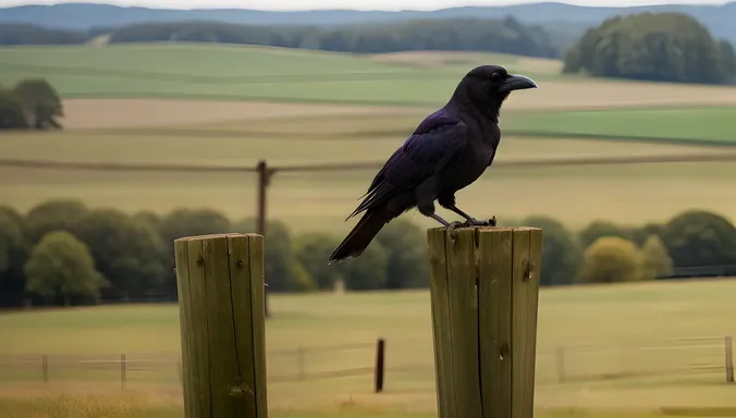 Raven Perches on Fence Post with Rolling Green Landscape