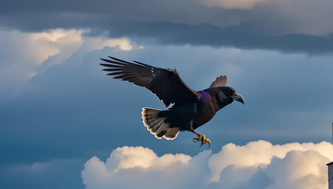 Raven Soars Across Stormy Sky with Spread Wings