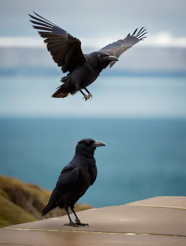 Raven Stands on Windswept Cliff Edge