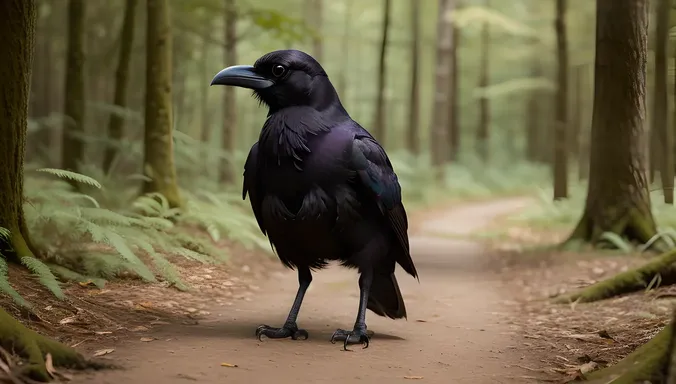 Raven Walks Through Forest with Black Feathers Blending Shadows