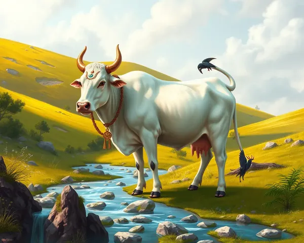 Realistic Kamadhenu in Natural Rustic Setting with Rolling Hills.