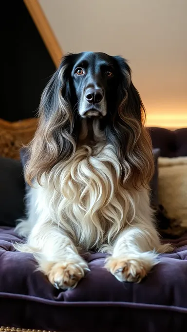 Regal Afghan Hound Poses on Velvet Cushion