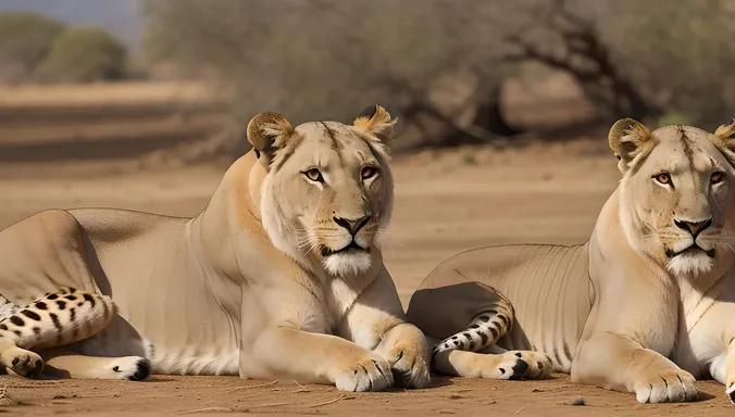 Regal Asiatic Lioness and Cubs Basking in Sunlight