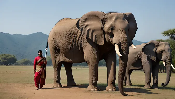 Regal Bindusara Wields Sword in Front of Majestic Elephant