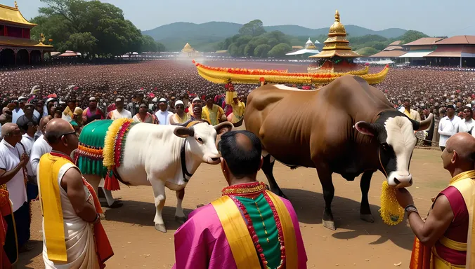 Regal Brahma Bull in Colorful Festival Procession