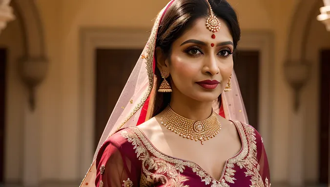 Regal Indian Aunty Poses in Stunning Lehenga Backdrop