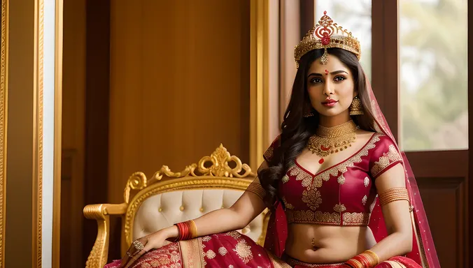 Regal Indian Bhabhi Wears Intricate Lehenga on Ornate Throne
