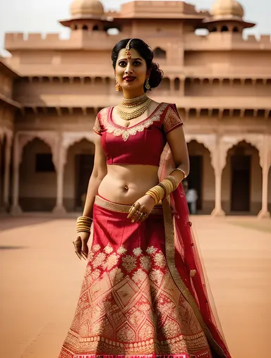 Regal Indian Bhabhi in Bold Red and Gold Lehenga