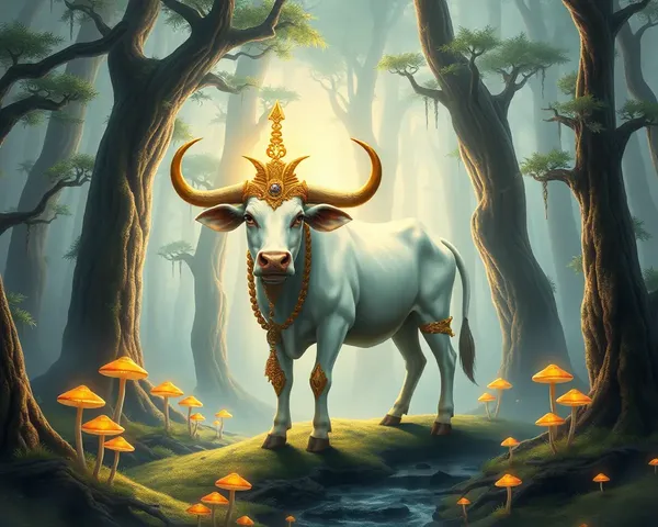 Regal Kamadhenu in Fantastical Mystic Forest with Glowing Mushrooms.