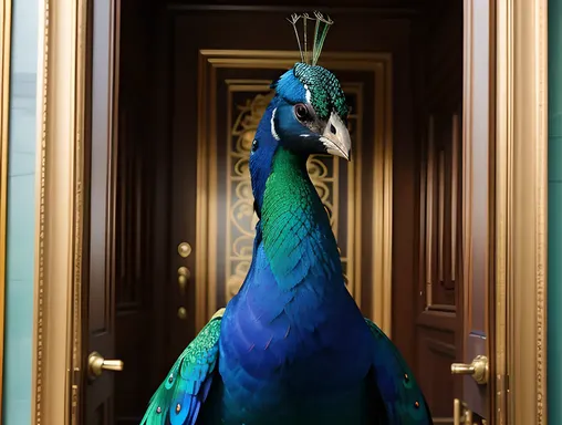 Regal Paper Peacock Guards Grand Door with Morning Dew