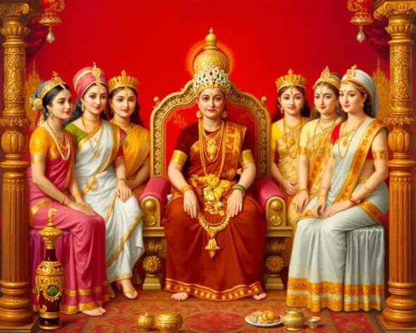Regal Queen Yesubai on throne in rich red PNG background.
