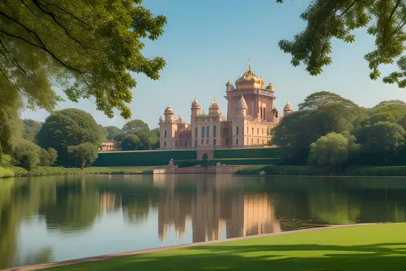 Regal Royal Palace with Grand Towers and Tranquil Lake