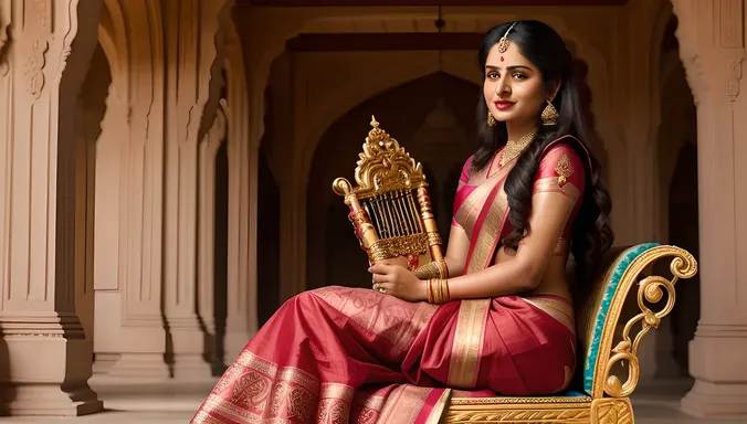Regal Saraswati Sits on Throne with Veena in Hand