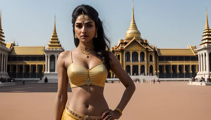 Regal Satyabhama Standing in Front of Grand Palace.