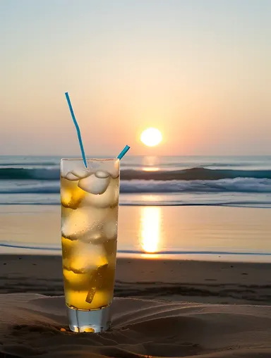 Relaxing on the Beach with Cold Drink and Sunset