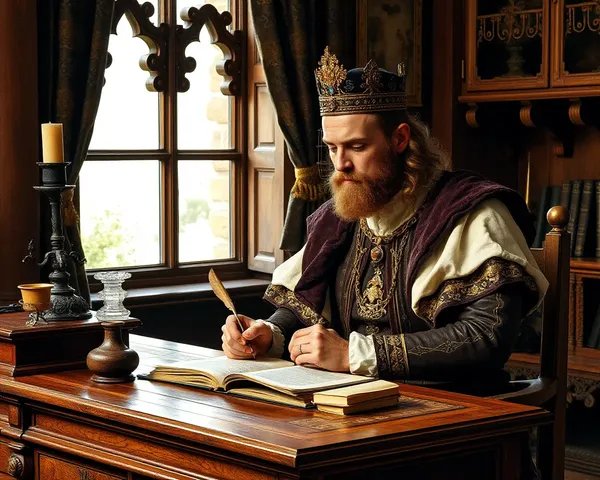 Renaissance King Edits Manuscript with Quill and Inkwell