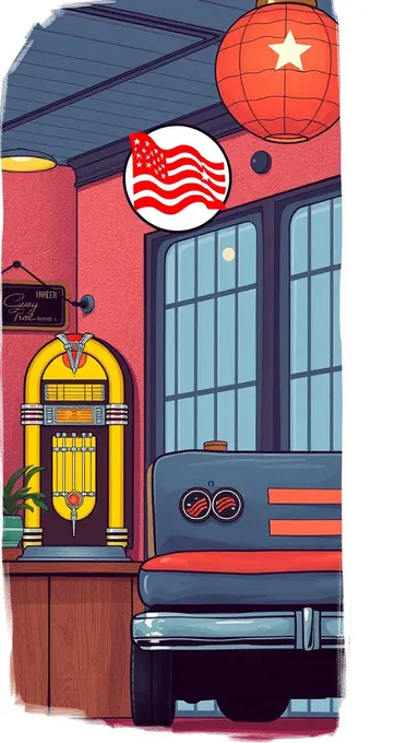 Retro American Diner with Jukebox and Flag Decal