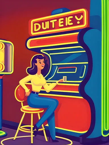 Retro Chara in Classic Diner with Vinyl Records and Cars