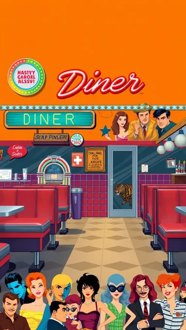 Retro Diner with Classic Pop Culture Icons on Warm Orange