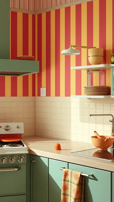 Retro Kitchen Pink Yellow Striped Wallpaper