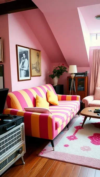 Retro Living Room Pink Yellow Striped Sofa