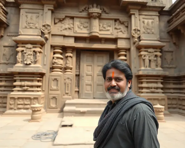 Reverent Sudithar Stands Before Ancient Temple