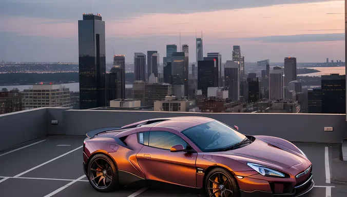 Rimac C_Two Parked on Rooftop with City Skyline and Sunset