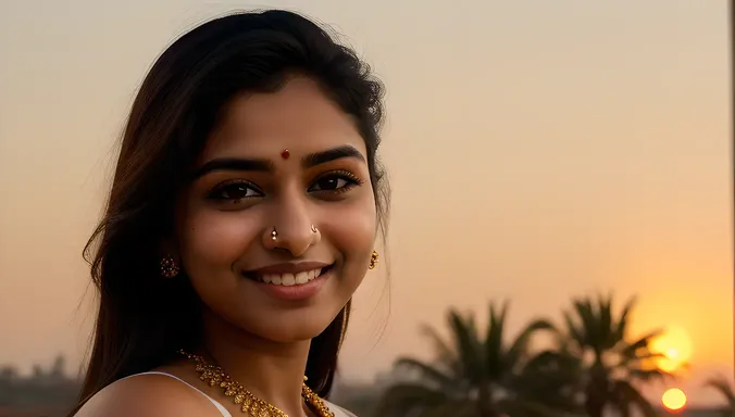 Ritika's Radiant Smile Against Vibrant Sunset Background