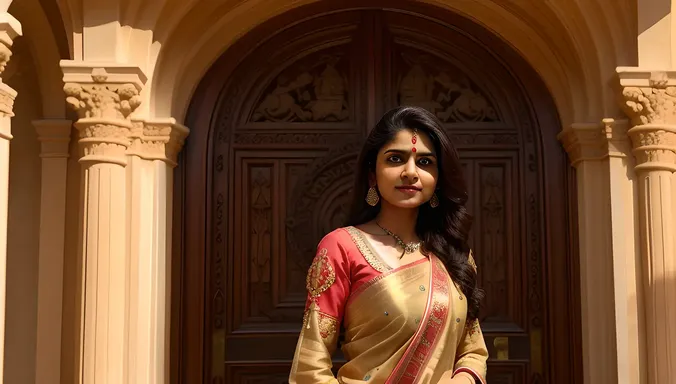 Ritika Standing Before Grand, Ornate Door of Adventure