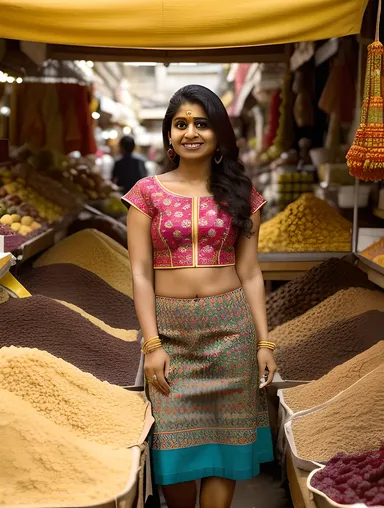 Ritika Surrounded by Colorful Fabrics and Spices