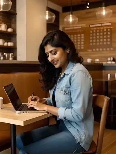 Ritika Typing Away in Cozy Coffee Shop