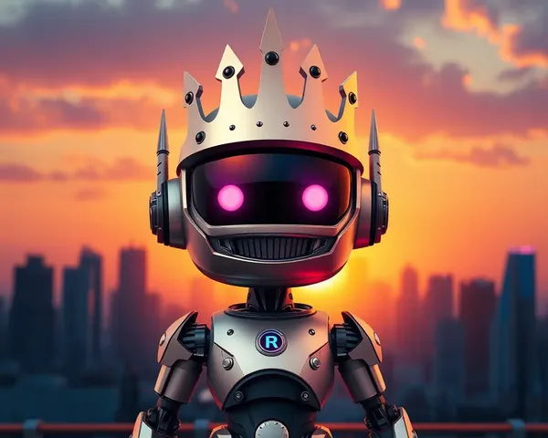 Robot Emoji Wears Metallic Crown in Cityscape Sunset