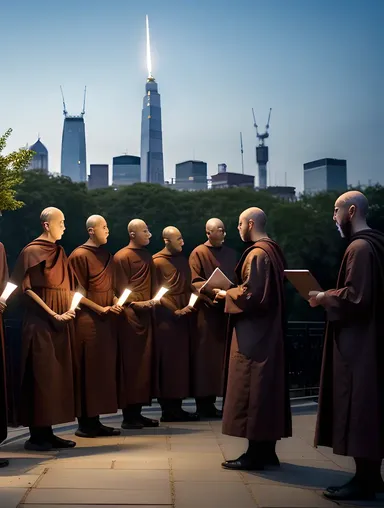 Robot Monks Chant in Unison with Cityscape Background