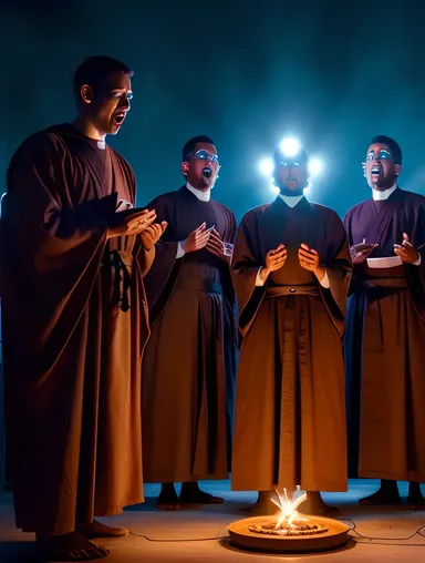 Robot Monks Chanting Around Digital Altar AI Monk Photo: Glowing Eyes