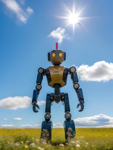 Robot Standing Proud in Blooming Field with theetam