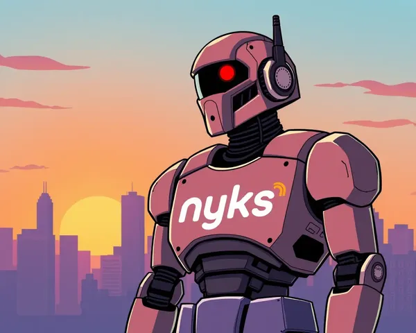 Robot with NYKS Logo Standing in Front of Cityscape