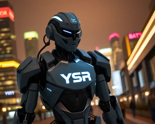 Robot with YSR Logo Stands in Neon City Skyline