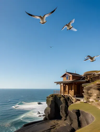 Rocky Ocean Stilt House with Seagulls Flying