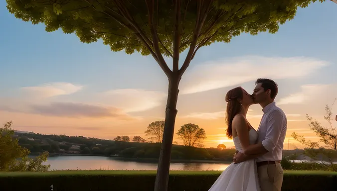 Romantic Boy and Girl Share Tender Kiss in Sunset Garden