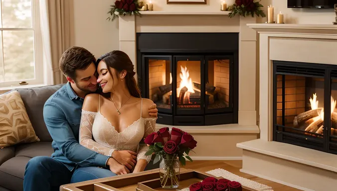 Romantic Couple's Cozy Living Room Hug with Roses and Fire