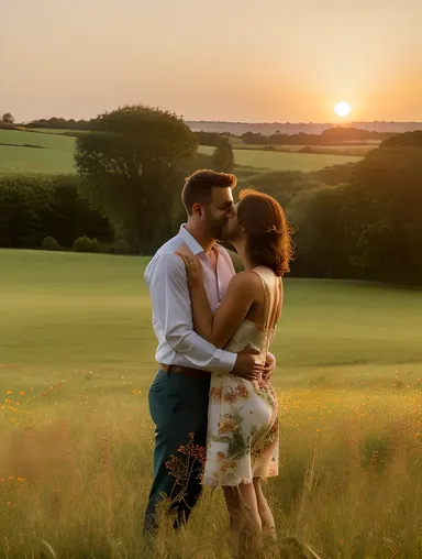 Romantic Couple's Lush Green Meadow Sunset Glow