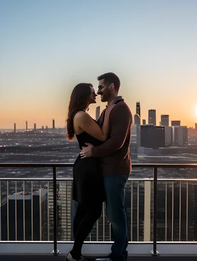 Romantic Couple's Sunset Hug Over City Skyline