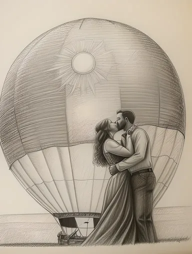 Romantic Couple Kissing in Hot Air Balloon