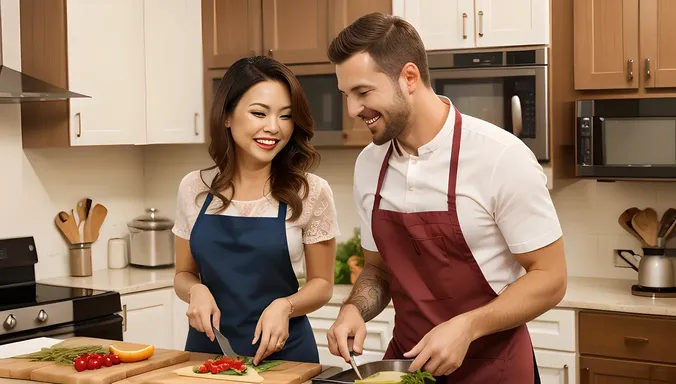 Romantic Dinner Cooking Together for Husband and Wife