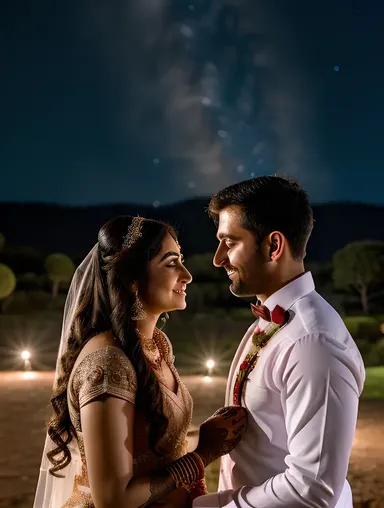 Romantic Dulhan and Groom in Starry Night Sky