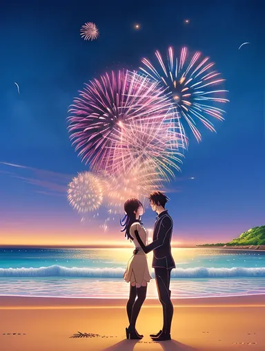 Romantic Nude Anime: Couple Embracing on Moonlit Beach with Fireworks