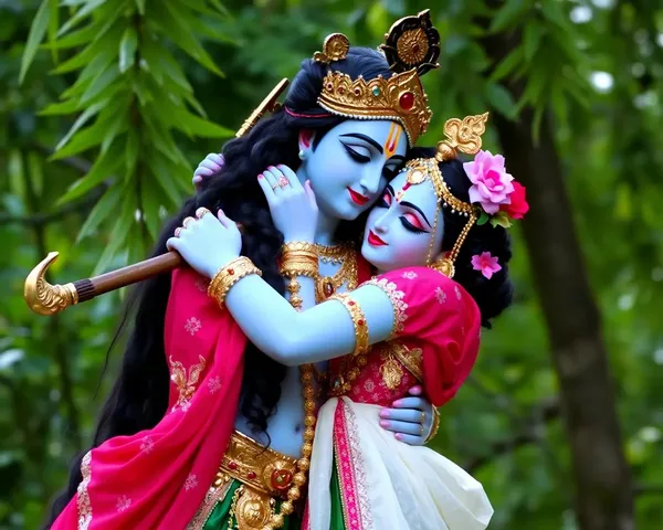 Romantic Radha Krishna Embracing Amidst Serene Green Background