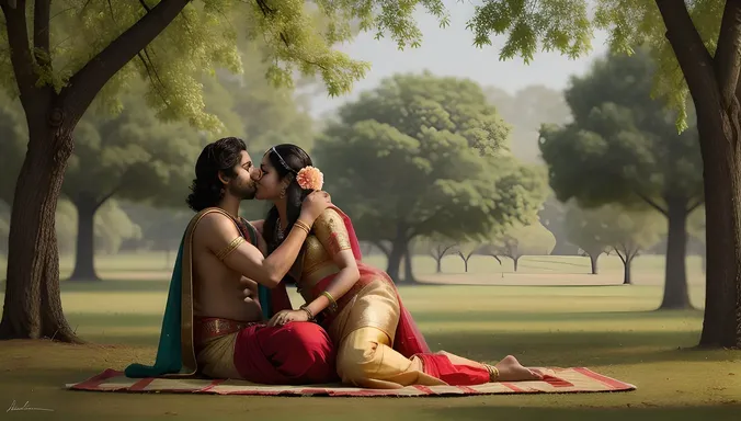 Romantic Radha Krishna Kiss Under Blooming Tree