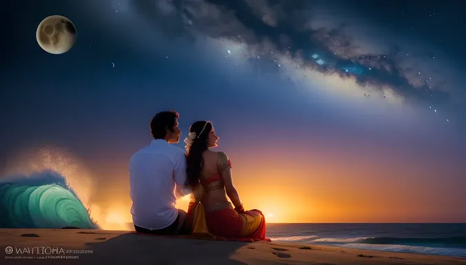Romantic Satyabhama on Moonlit Beach with Krishna.